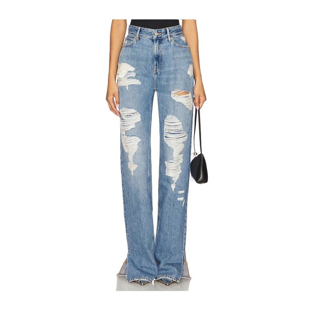 Good American The Khloe Shredded Jean High Rise Straight Distressed 8/29 NEW